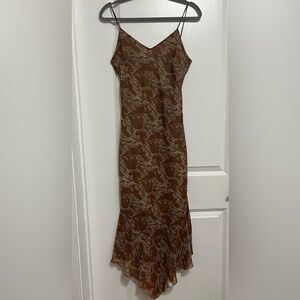 Khaki Krew Brown Paisley Boho Slip Dress Handkerchief Hem